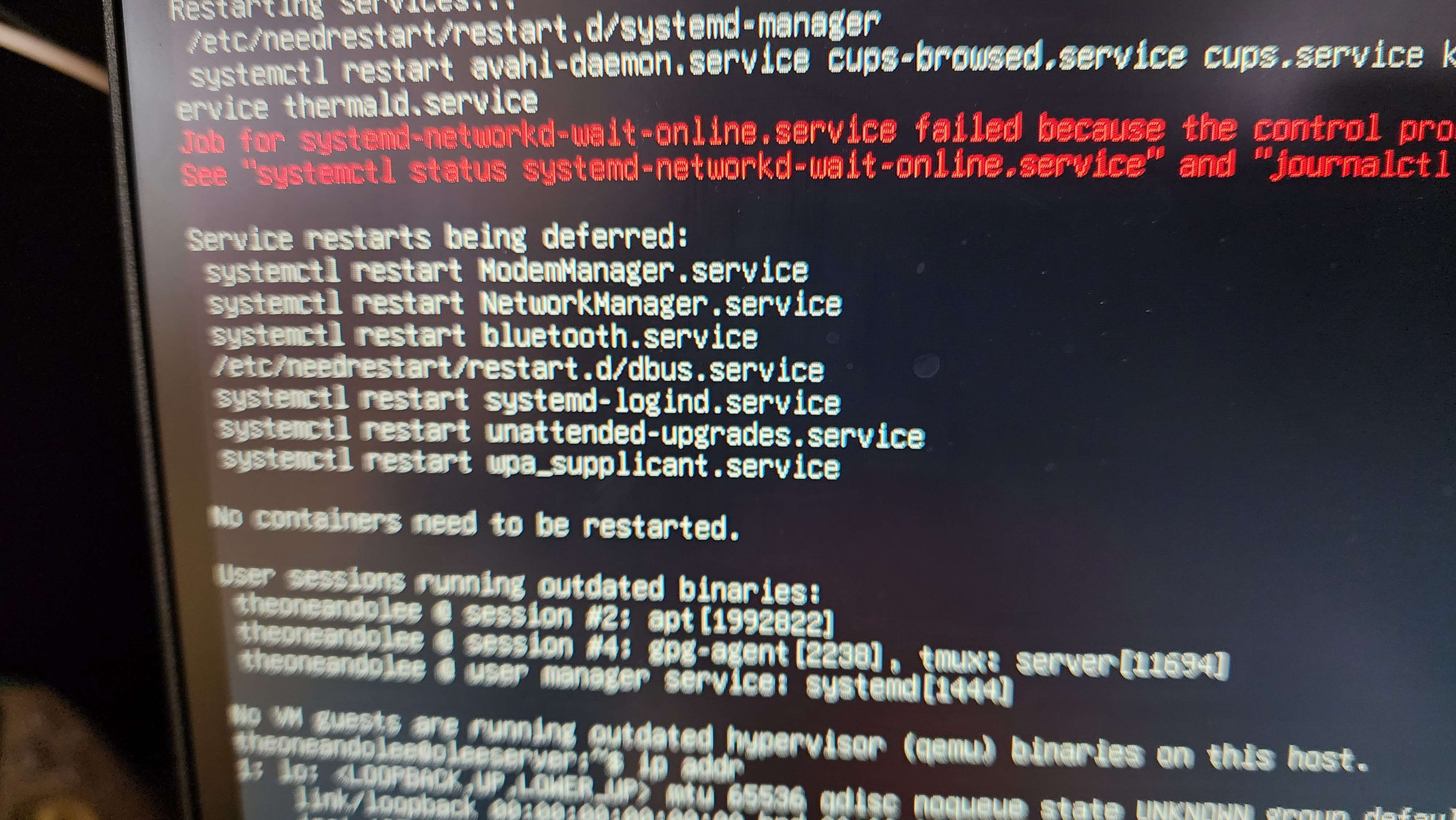 Linux terminal displaying service restart messages