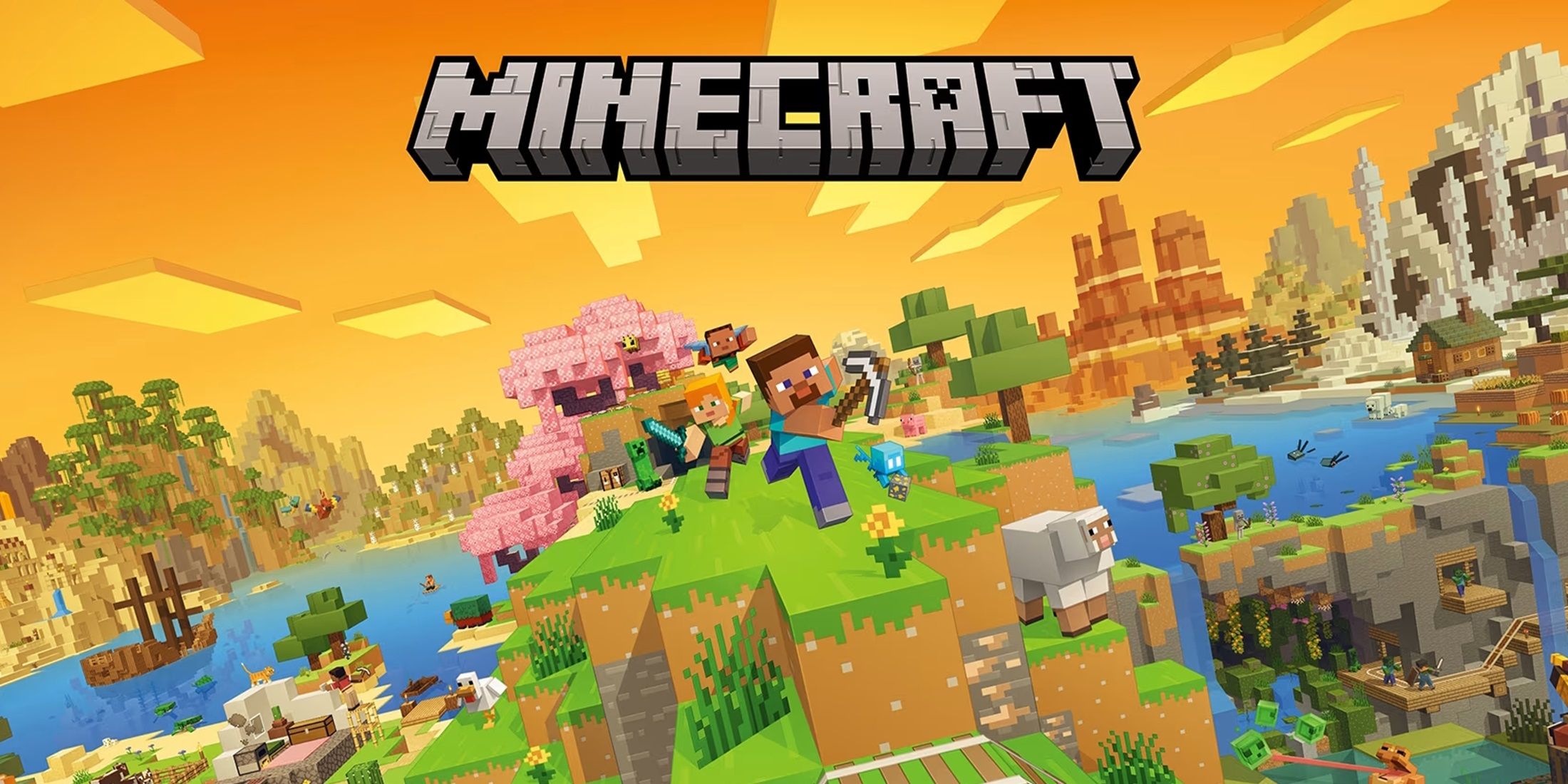 Minecraft character Steve holding a diamond sword, with a creeper behind him