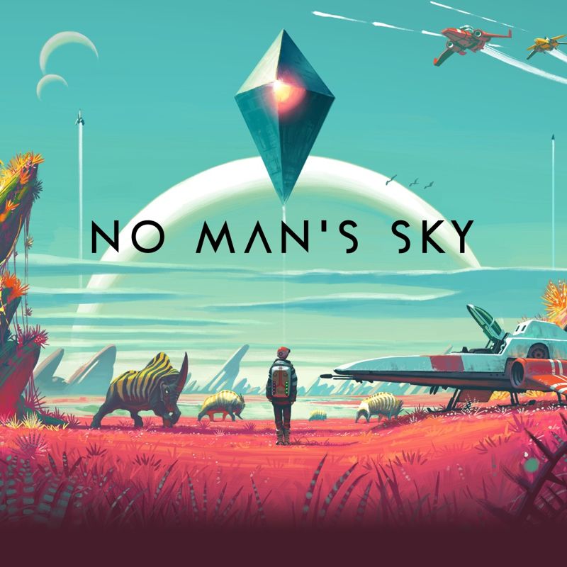 No Man's Sky character in a red spacesuit, standing on a planet with a spaceship and a large alien creature